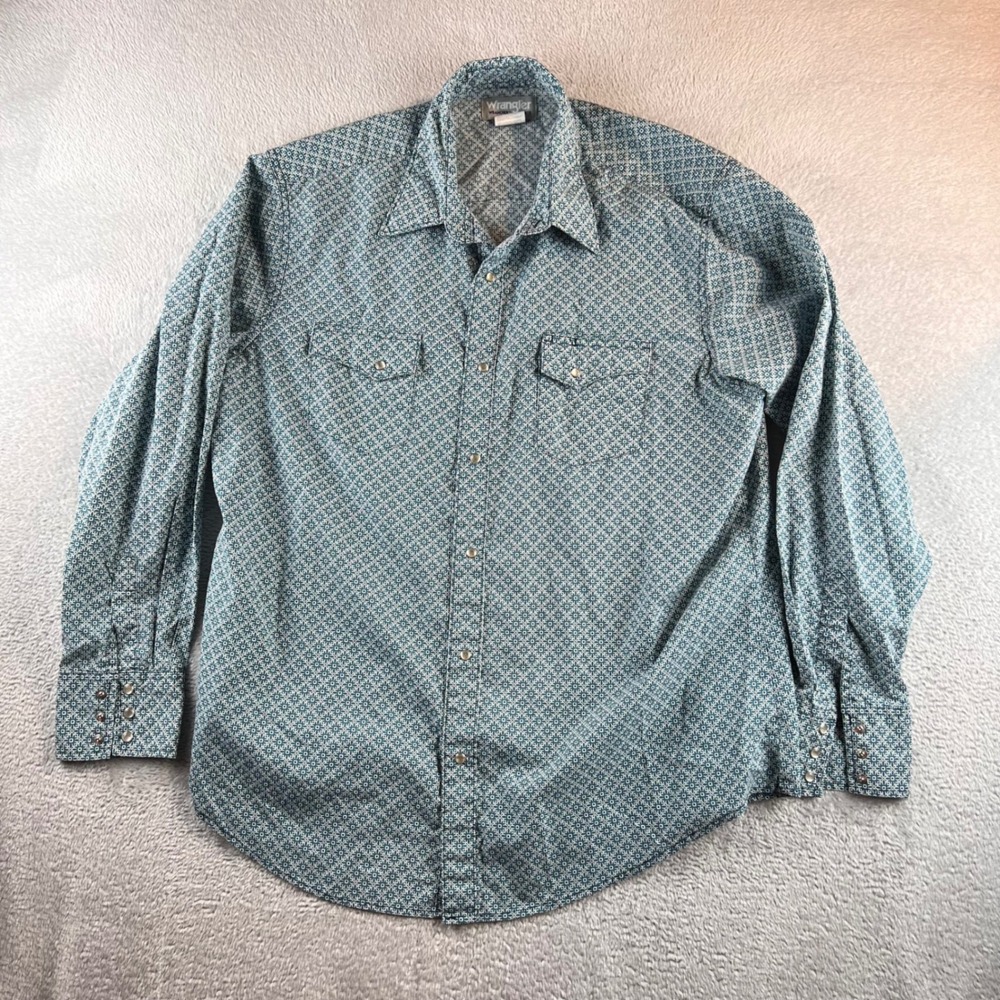 Wrangler Wrancher Mens XL Teal Geometric Western Snap Button Down Shirt MTW1465